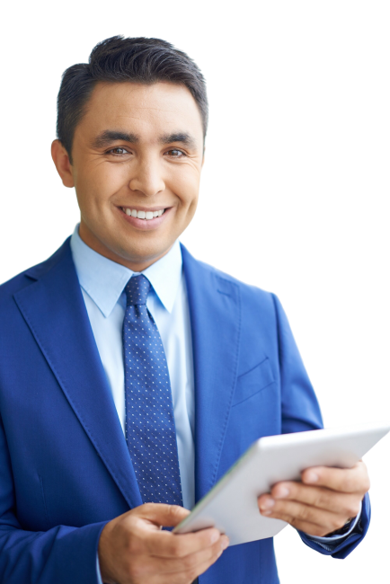 smiling businessman with touchpad